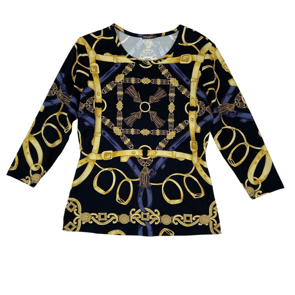 J McLaughlin Top Women's Size S Catalina Cloth‎ Equestrian Chain Belt Black Gold